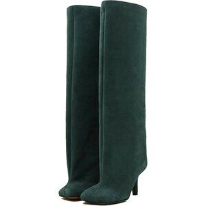Women's Green Wide Calf Square Toe Stiletto Heels Knee High Suede Boots